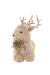 10.5" Resting Striped Cream Straw Fur Deer Figurine with Gold Spray