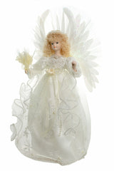 14" Ivory Cloth Modern Fiber Optic Angel Tree Topper with Blonde Curly Hair