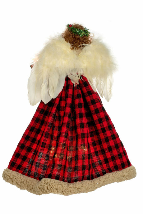 14" Red and Black Cloth Brown Hair 10-Light Angel Tree Topper with Laurel Wreath