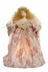 9" Pink Linen Small 10-Light Angel Tree Topper with Blonde Curly Hair