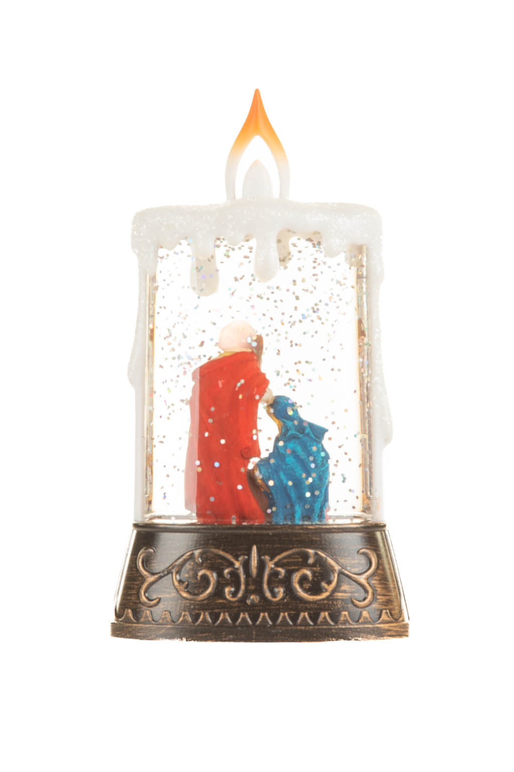 14.5" Bronze and White Plastic Candle Warm White LED Snow Globe with Baby Jesus
