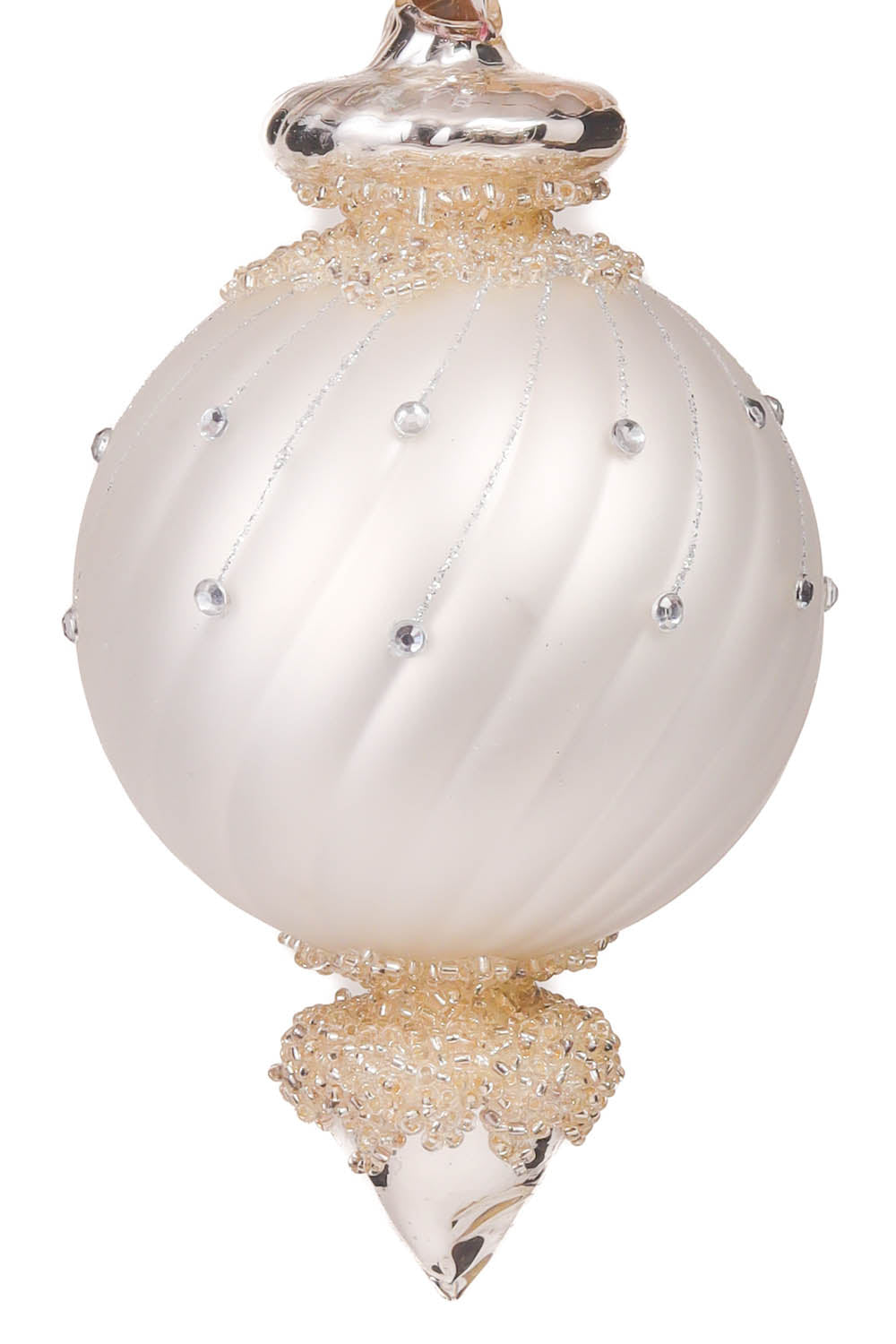 6" Hanging Matte White and Silver Porcelain Finial Teardrop Ornament
