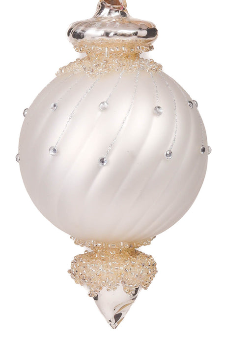 6" Hanging Matte White and Silver Porcelain Finial Teardrop Ornament