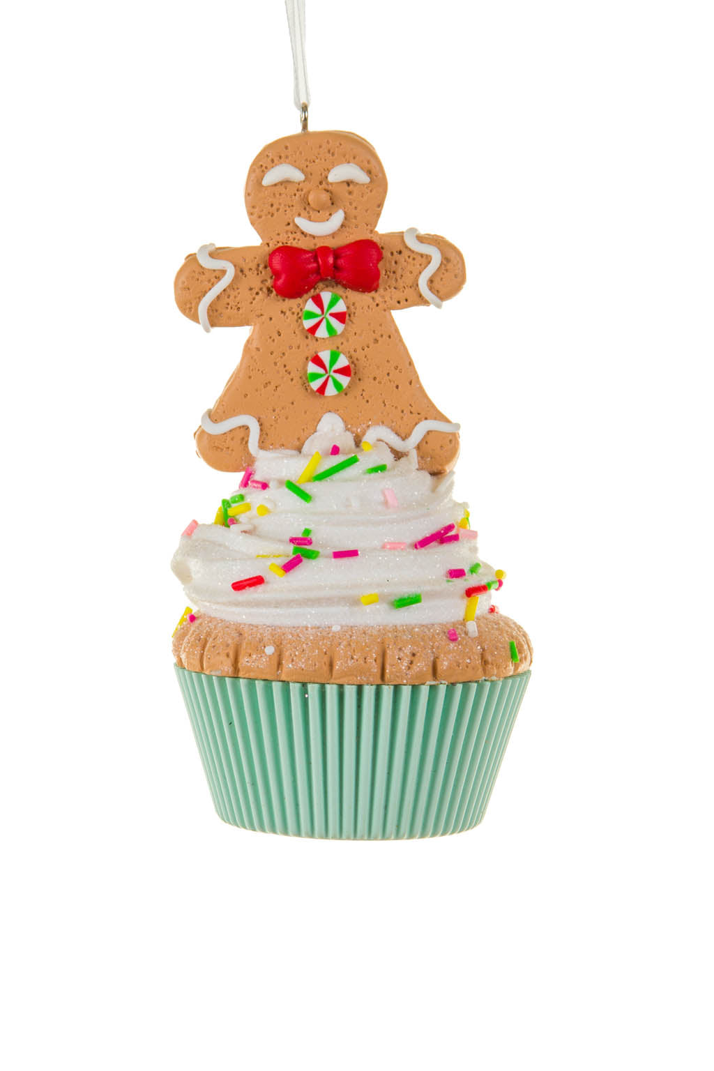 4.75" Hanging Brown and White Clay Gingerbread Man Ornament On A Cupcake