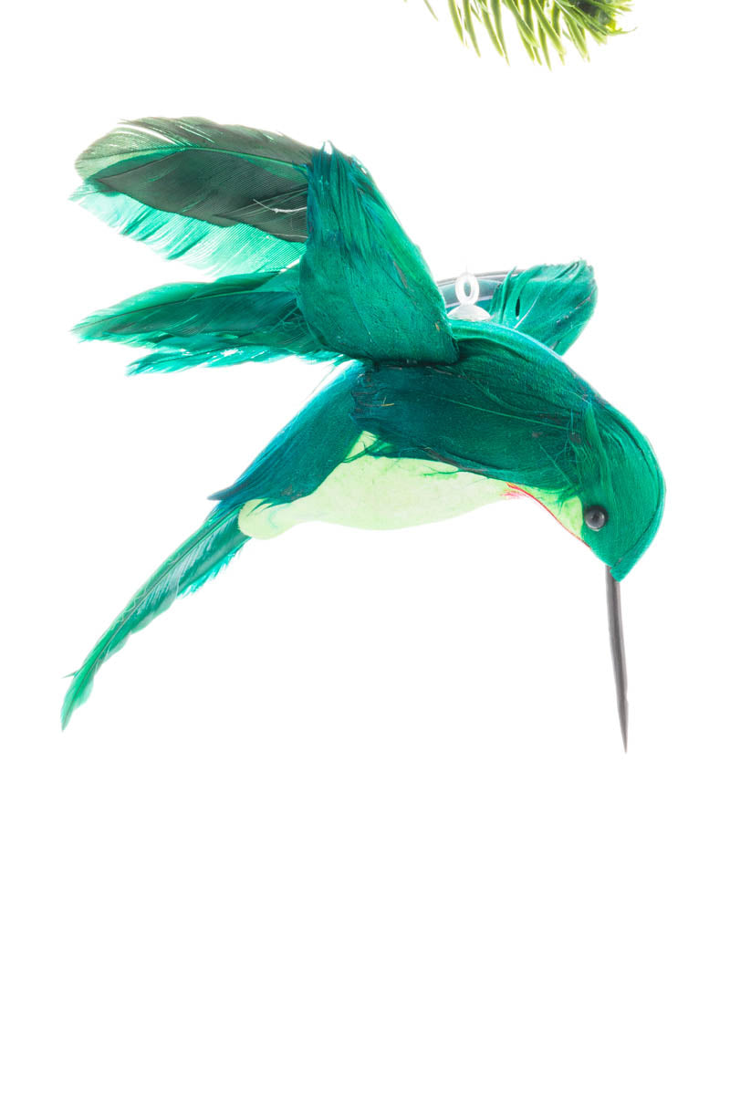 5" Teal Feathered Hummingbird Ornament with Red Chin