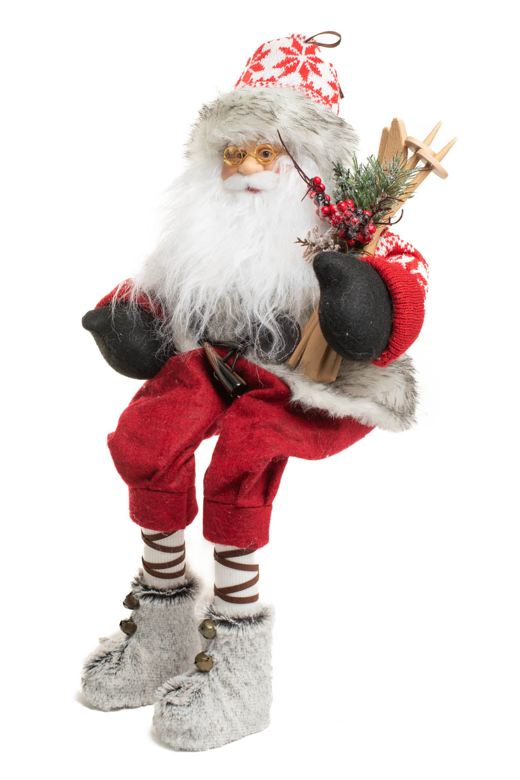 18" Sitting Snowflake Red and White Knitted Alpine Santa Figurine with Skis
