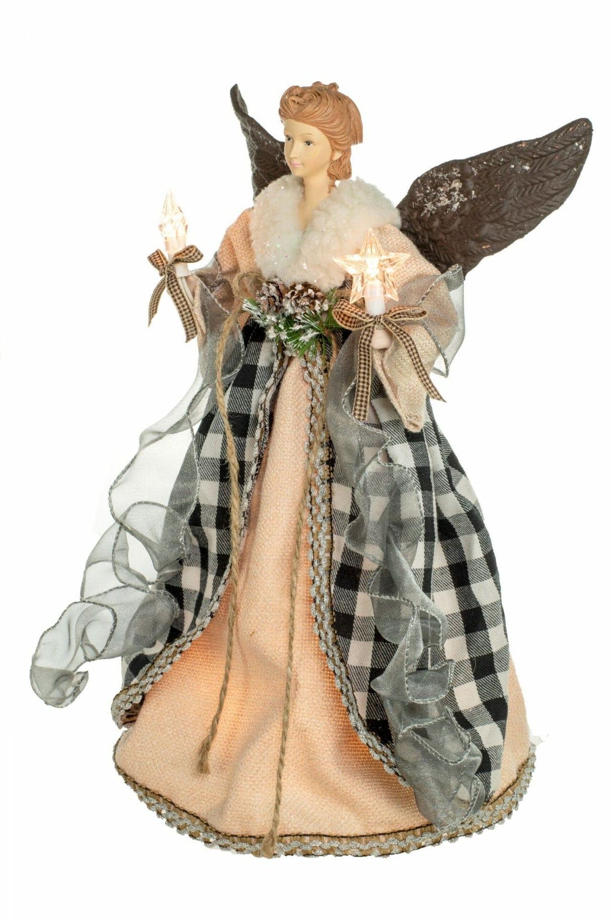 14" Cream Rattan Rustic 10-Light Angel Tree Topper with Black Gingnam Skirt