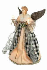 14" Cream Rattan Rustic 10-Light Angel Tree Topper with Black Gingnam Skirt