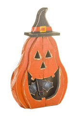 24.5" Orange and Black Wooden Jack O' Lantern Display with Bat