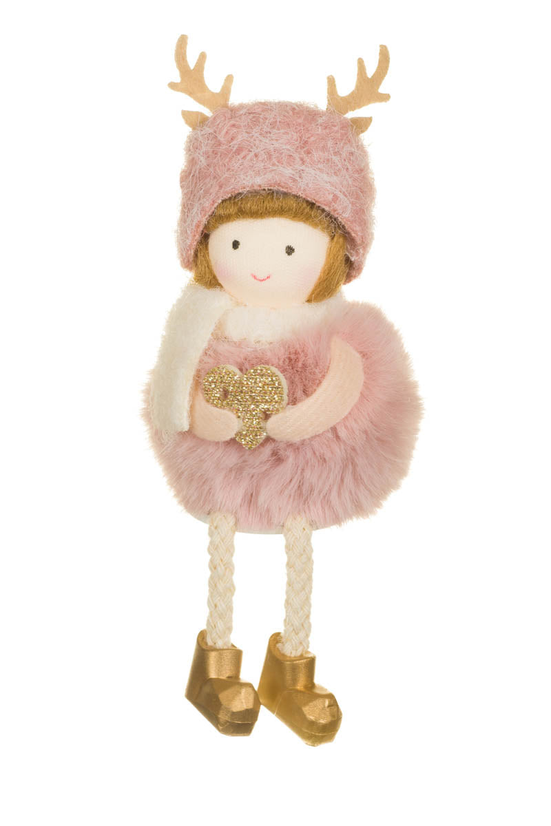 5.5" Hangable Pink Fabric Sitting Fluffy Girl Doll with Reindeer Hat