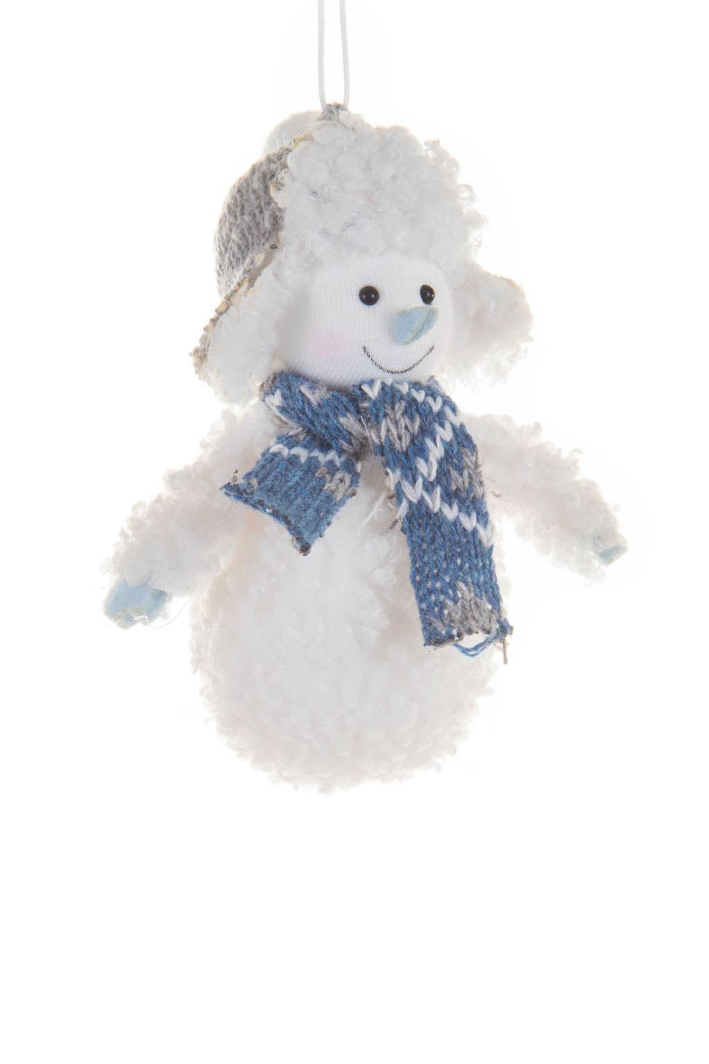4" Fluffy Hanging White Cotton Snowman Ornament with Fleece Sweater