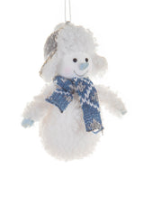 4" Fluffy Hanging White Cotton Snowman Ornament with Fleece Sweater