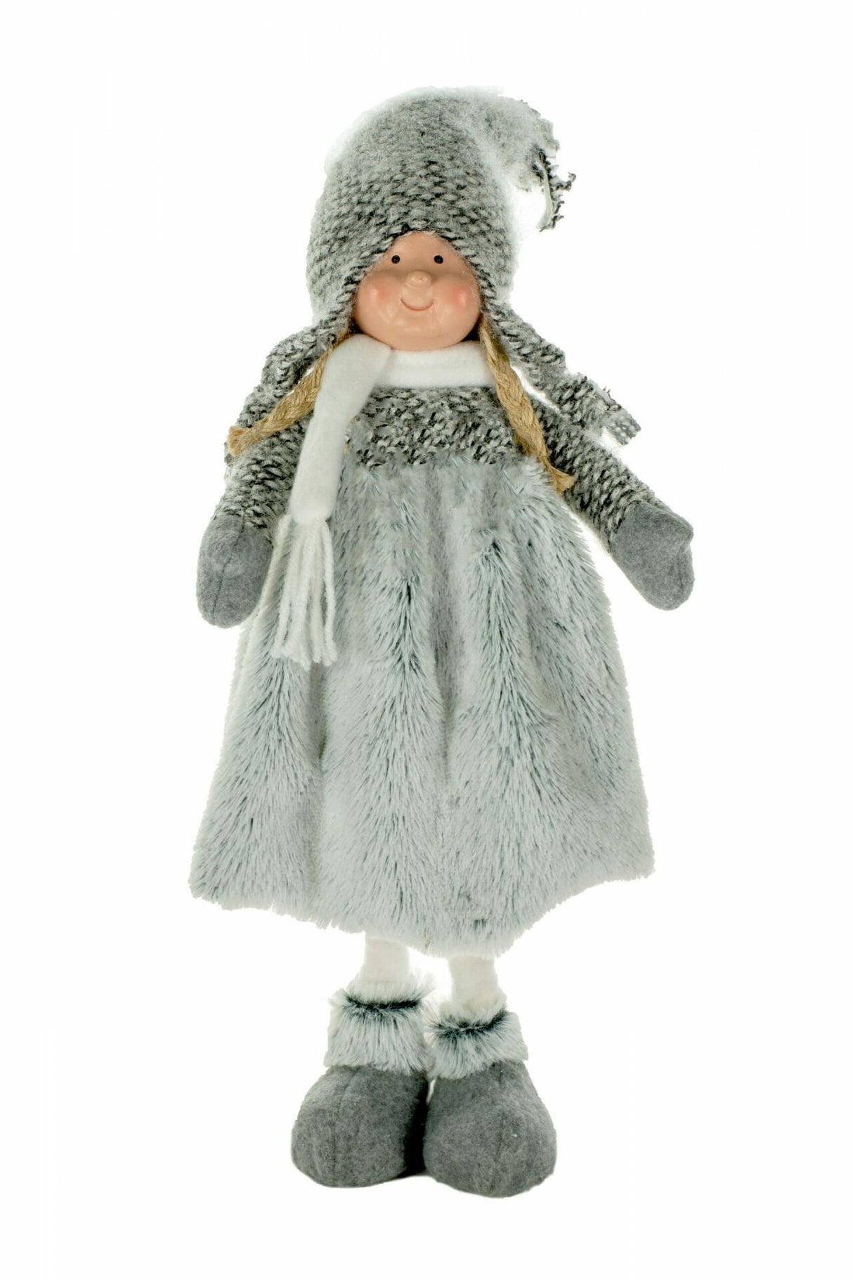 15" Gray Cloth Girl Doll with Fur Skirt
