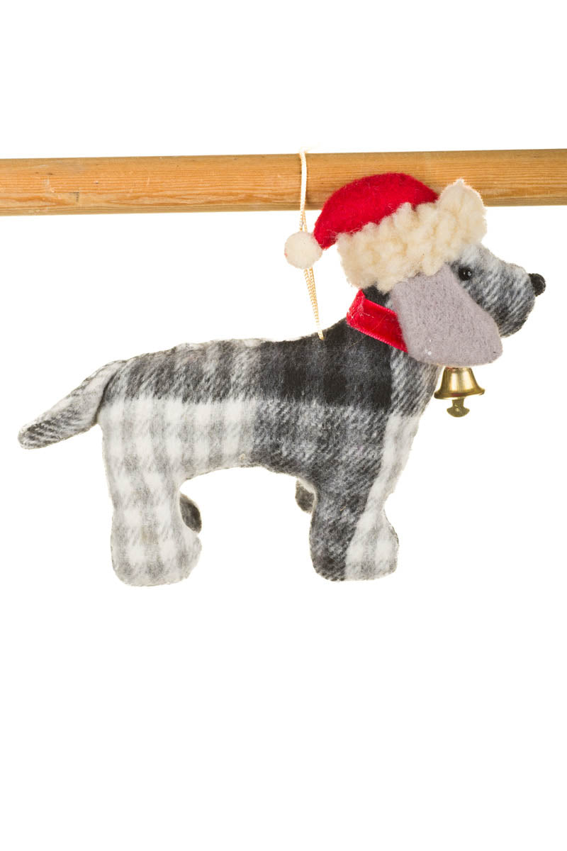 5.75" Hanging Plaid Gray Fabric Dog Ornament with Santa Hat