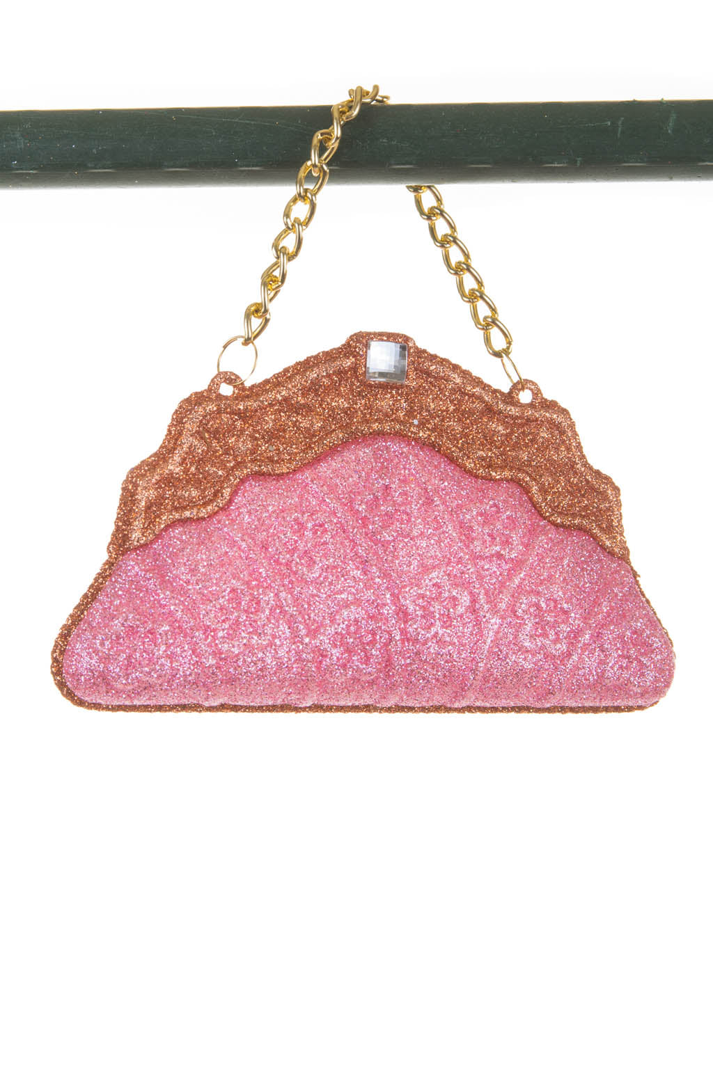 5"Hangable Pink and Bronze Acrylic Purse Ornament with Gold Chain