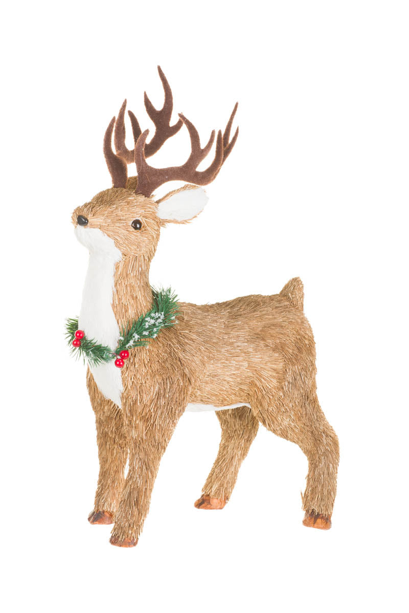 17.5" Brown Straw Reindeer Figurine with Collar
