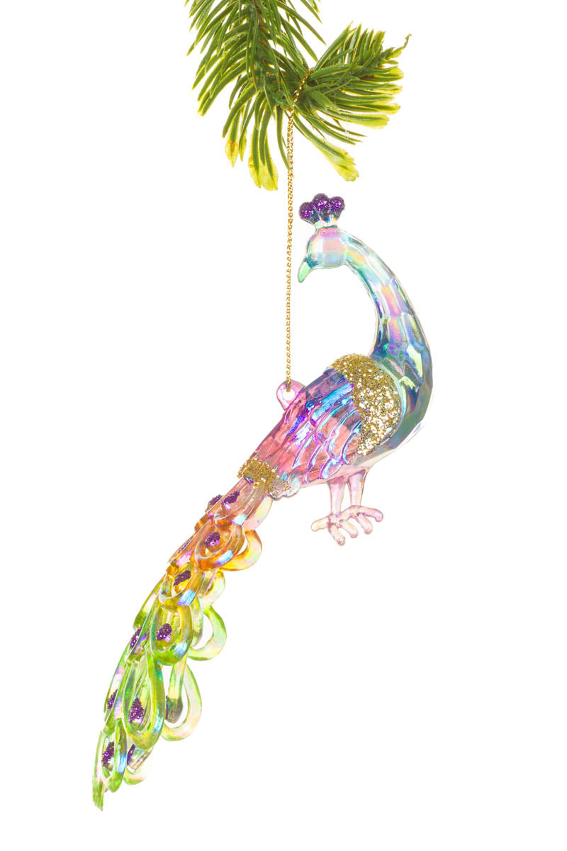6.5" Crystalline Hanging Iridescent Acrylic Peacock Ornament Looking Forward