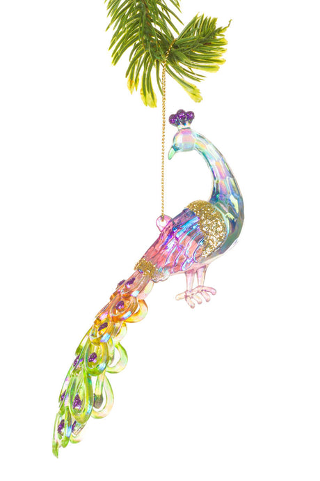 6.5" Crystalline Hanging Iridescent Acrylic Peacock Ornament Looking Forward