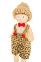 5.5" Hanging Brown and Tan Cloth Overalls Boy Ornament with Beanie