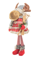 29" Red and Gray Knitted Moose Figurine with Skis