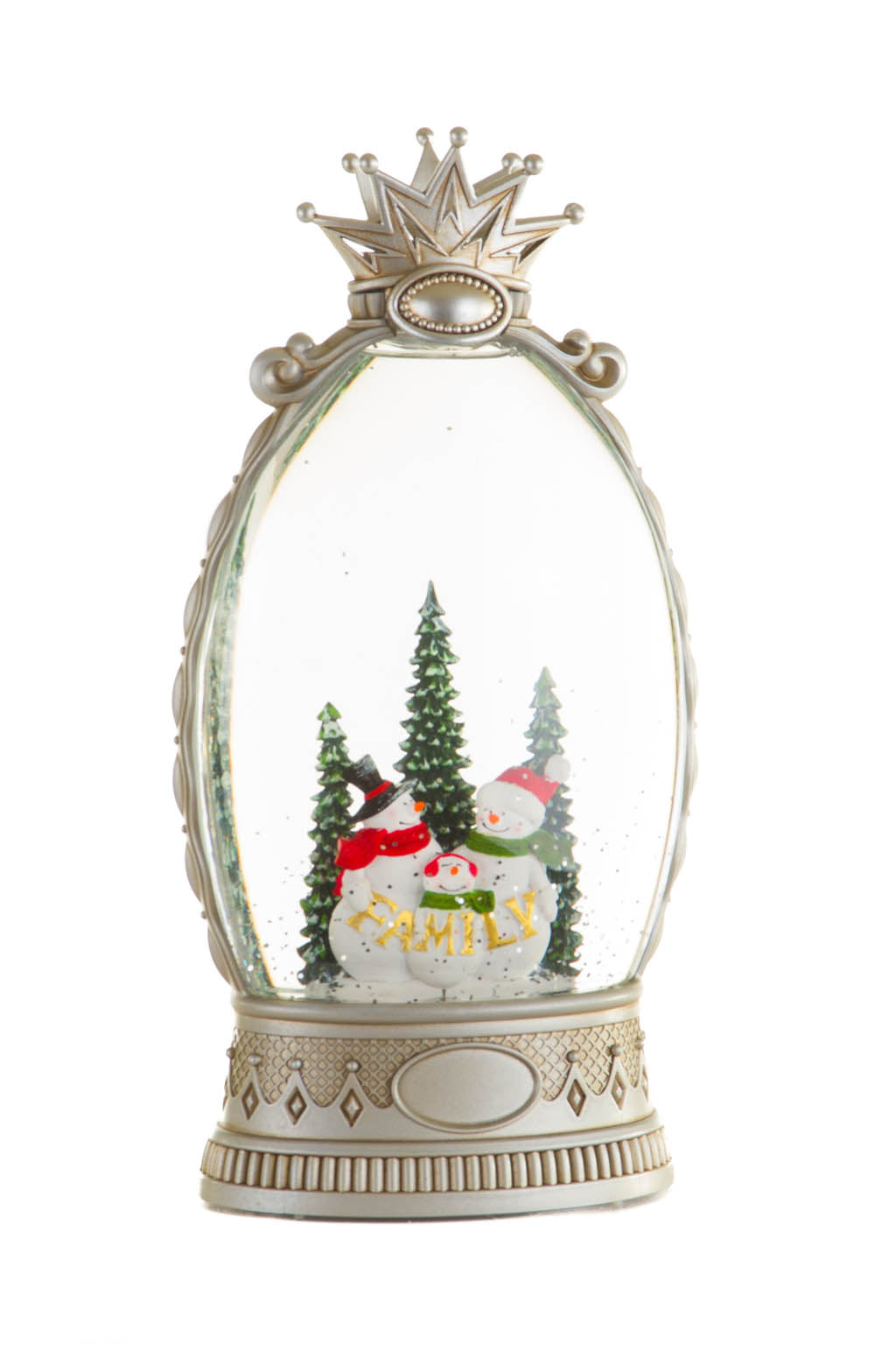 26" Musical Silver Plastic Snowman Family Warm White LED Snow Globe with Swirling Glitter