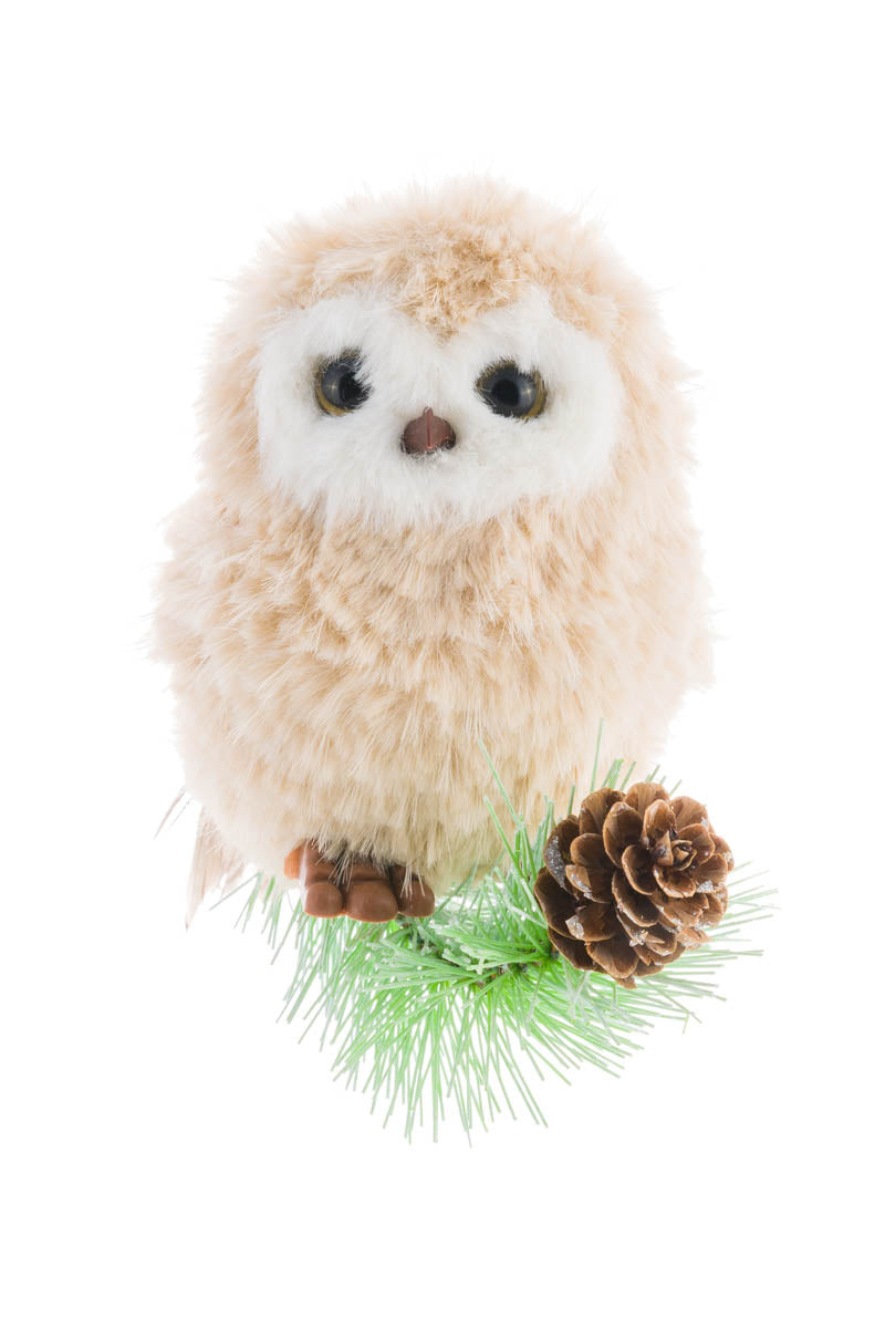 6" Soft Hanging Cream Fabric Perched Owl Ornament with Feathers