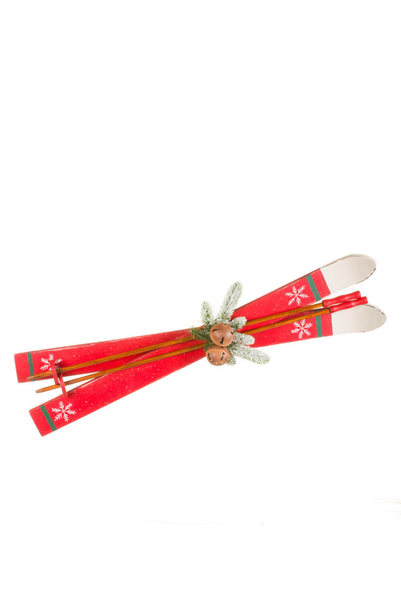 30.25" Red Wooden Skis Display with Aged Bells