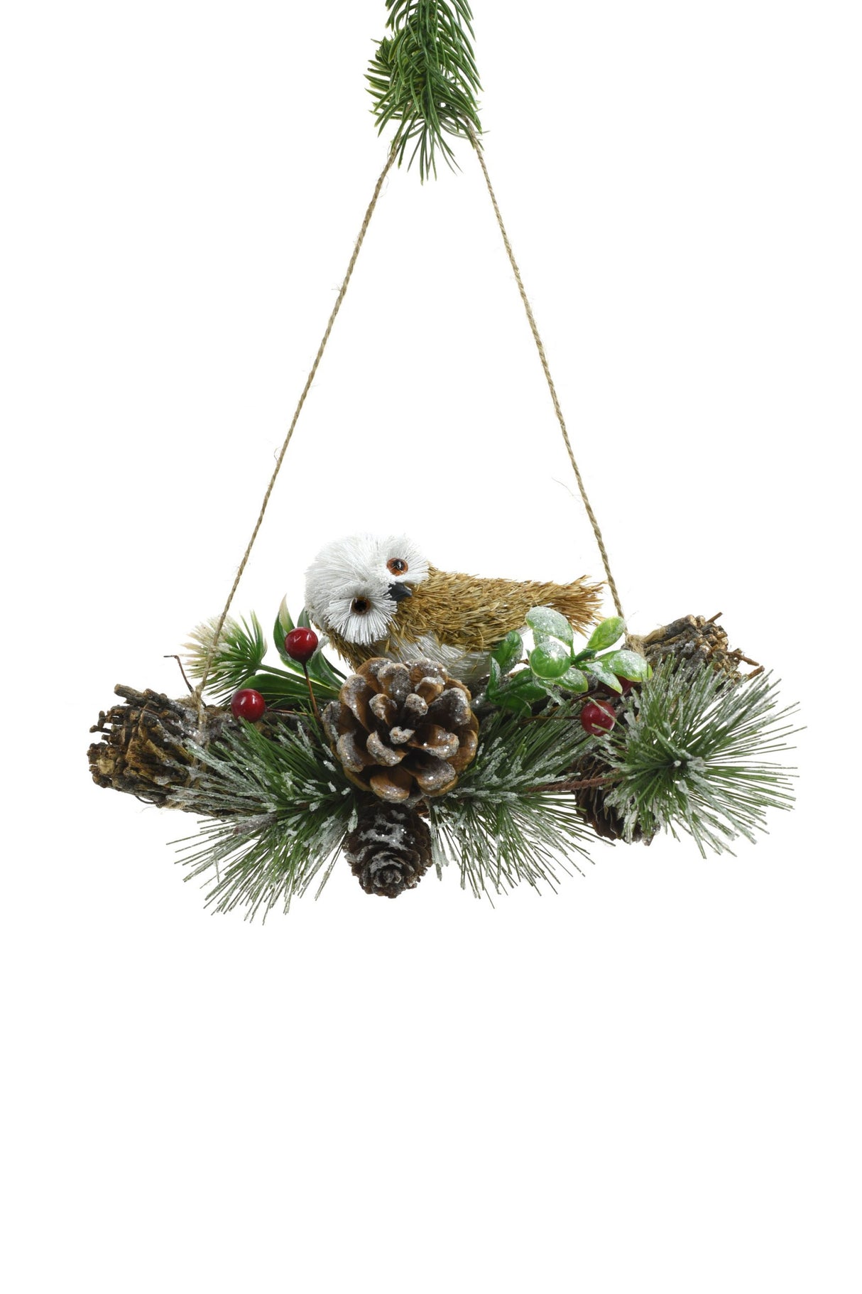 7.5" Hanging Brown Foam Owl Ornament Perched On Holly