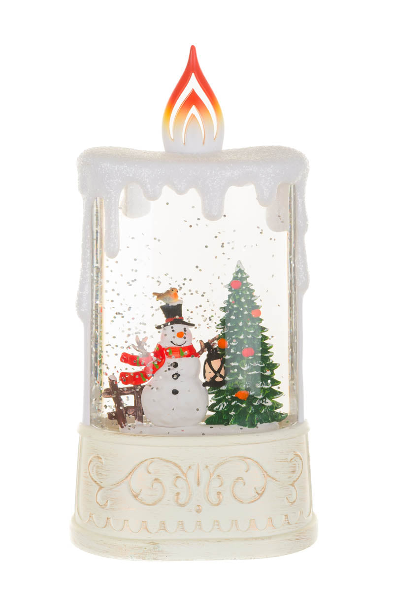 8" Musical White Plastic Candle Warm White LED Snow Globe with Wandering Snowman