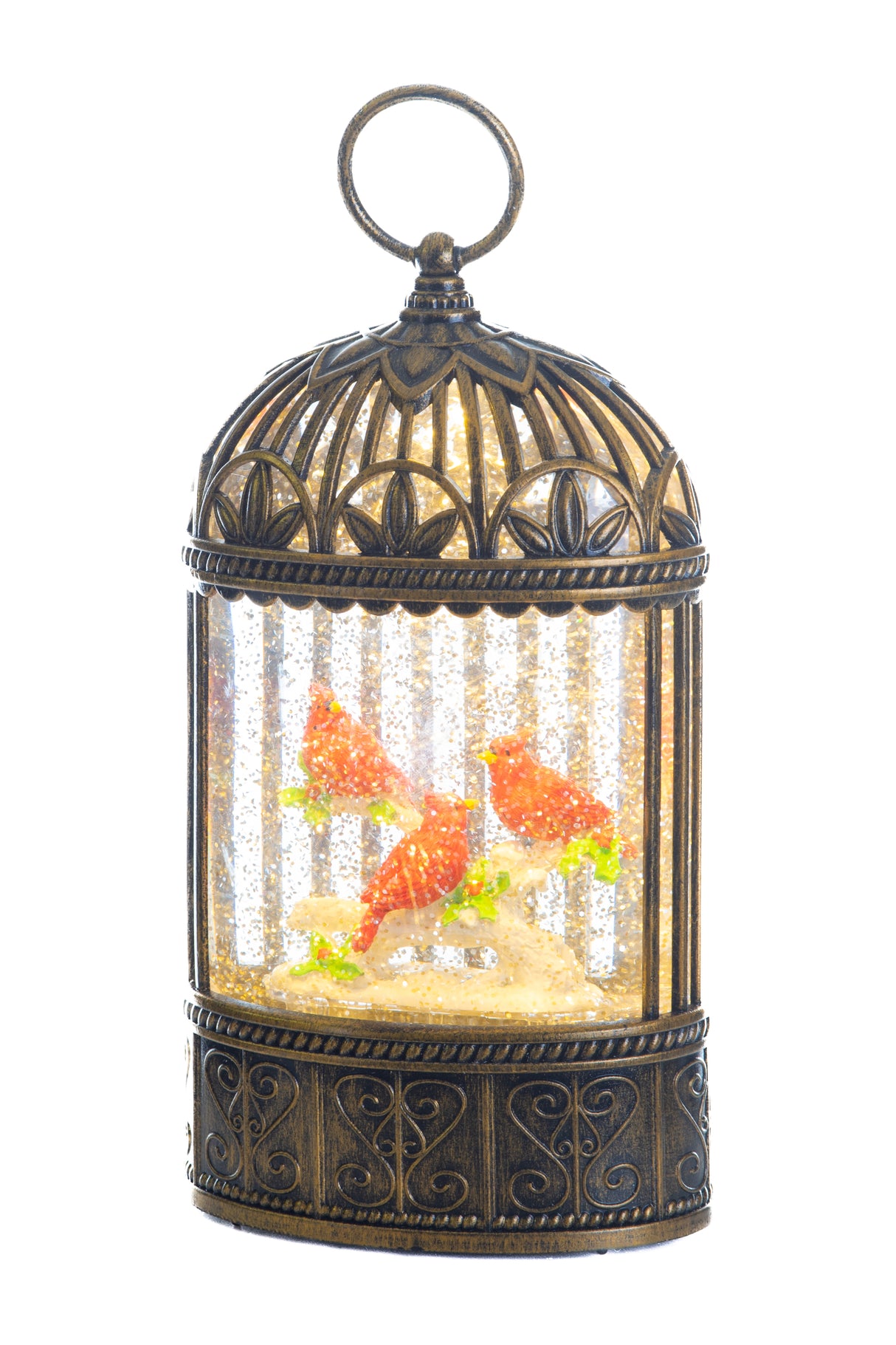 9.25" Gold Plastic Birdcage Warm White LED Snow Globe with Cardinals