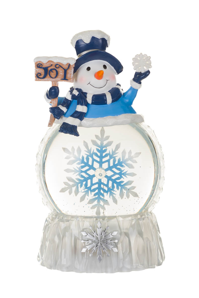 9.625" Blue Plastic Snowman Cool White LED Snow Globe with with Snowflake and Swirling Glitter