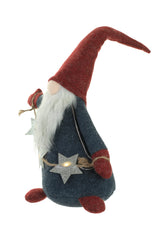 17.5" Plaid Blue and Red Cloth Waving LED Gnome with Star Garland