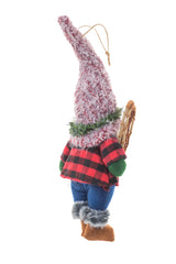 13.5" Hanging Buffalo Plaid Red and Brown Cloth Gnome Ornament with Snowshoes