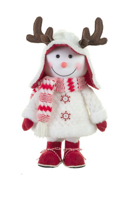 15" Red and White Cloth Little Girl Snowman with Antlers