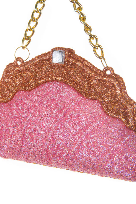 5"Hangable Pink and Bronze Acrylic Purse Ornament with Gold Chain