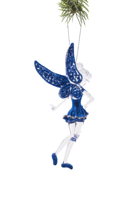 5.5" Hanging Clear Plastic Sassy Fairy Ornament with Glittering Blue Wings