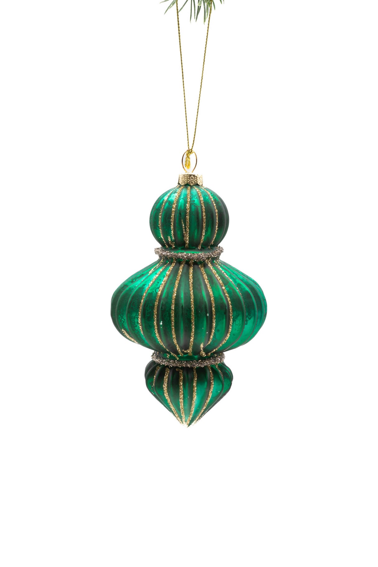5" Hanging Green and Gold Glass Riveted Onion Ornament with Gold Trim