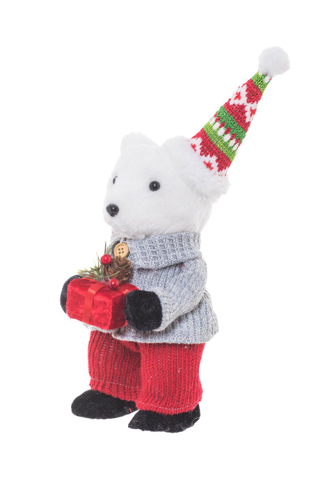 10" Red and Cream Furry Polar Bear Figurine