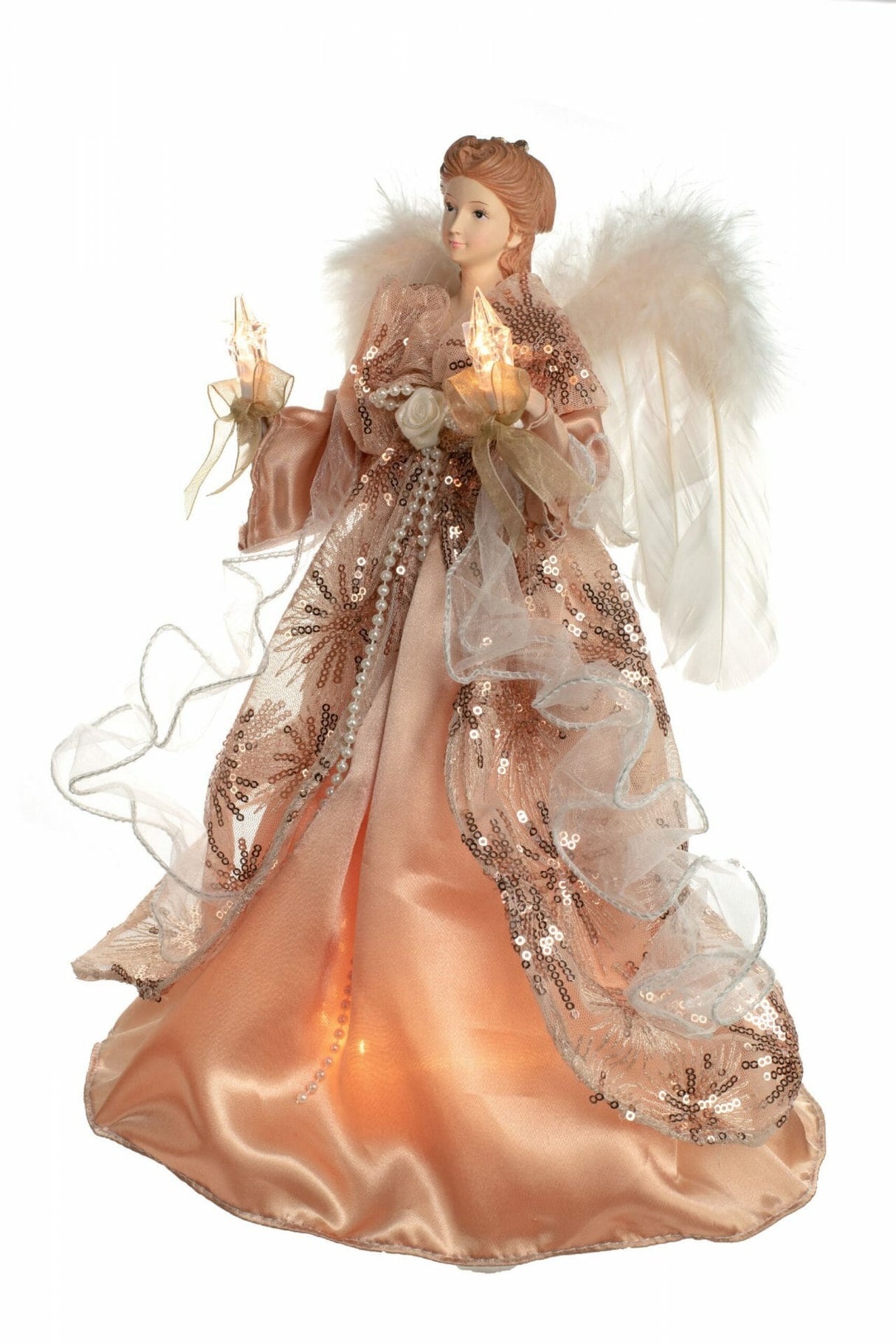14" Coral Cloth Modern 10-Light Angel Tree Topper with White Fluffy Feathers