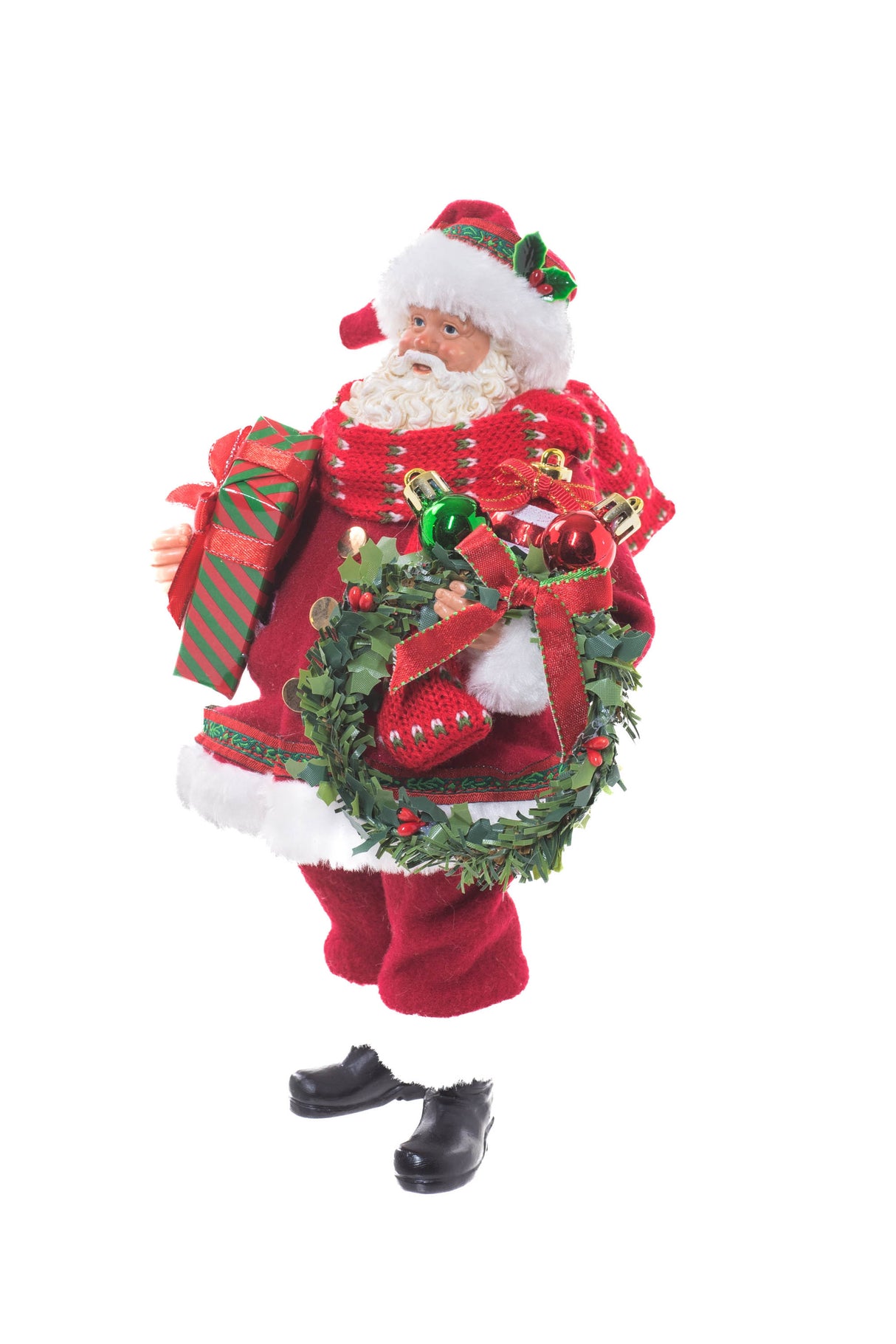 10.5" Plump Red Cloth Santa Figurine Holding Wreath