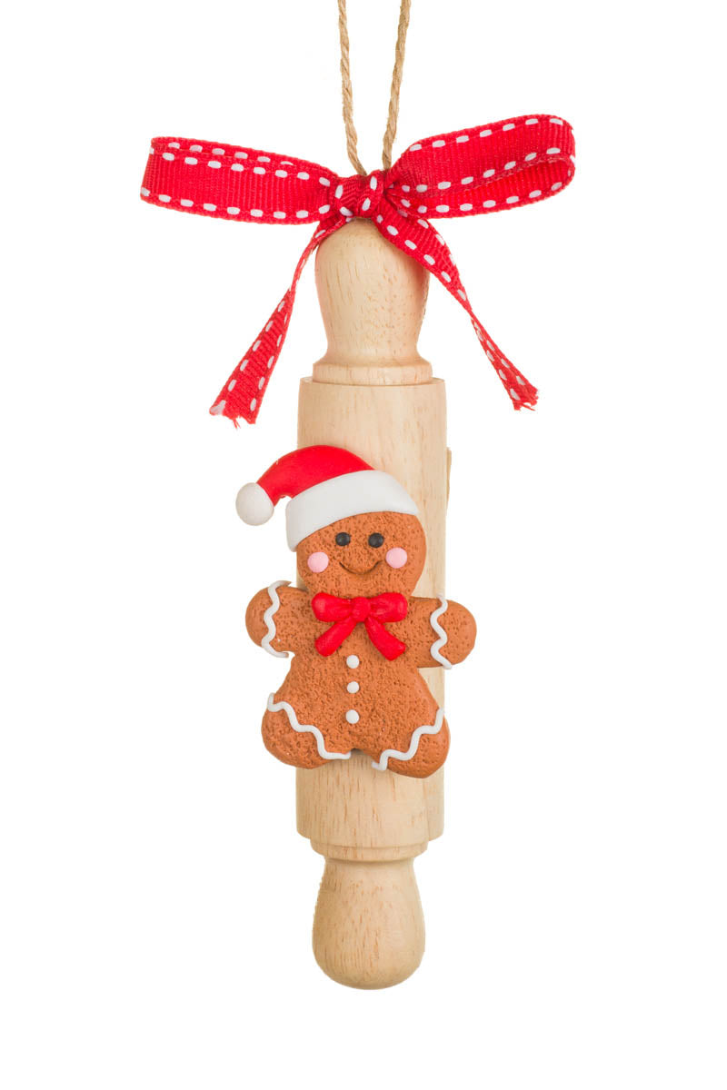 5.5" Brown Wooden Rolling Pin Ornament with Gingerbread Girl