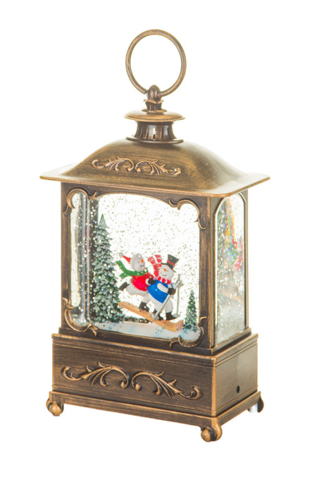 8.6" Bronze Plastic Lantern Warm White LED Snow Globe with Skiers