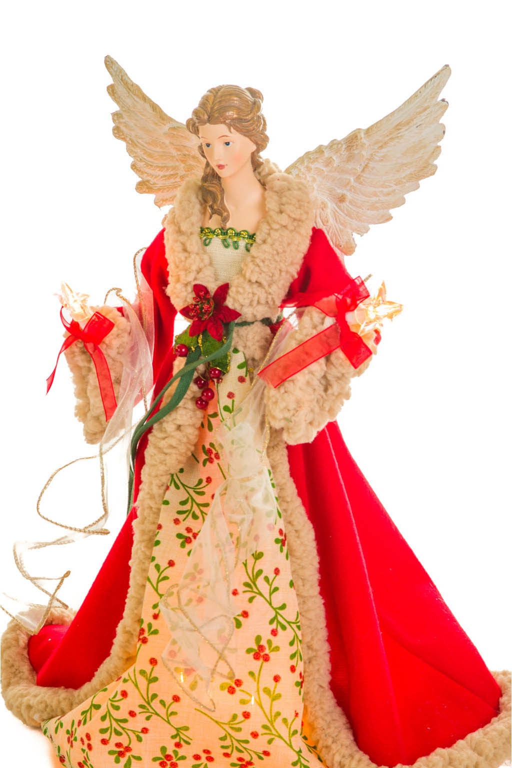 17" Large Red and Beige Cotton Chic Warm White LED Angel Tree Topper with Glowing Stars