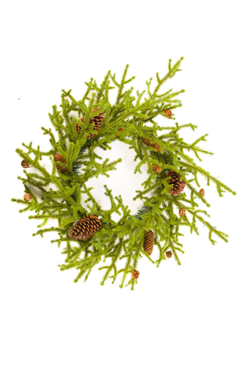 27" Hanging Forest Green Plastic Norway Spruce Wreath with Pinecones